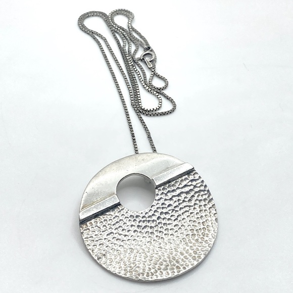 Vintage Jewelry - Vtg 925 Sterling Modernist Circle Pendant & Boxlink Chain 21” & 1.5” / 19.5g